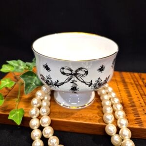 Vintage Royal Victoria Footed Dessert Sherbet Bowl ~ Black Rose & Ribbon Pattern